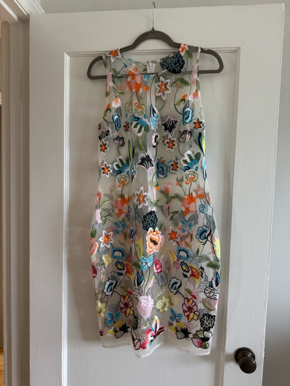 Floral Embroidered Mesh Sheath Dress - Sheer Overlay Sleeveless - Picture 5 of 10